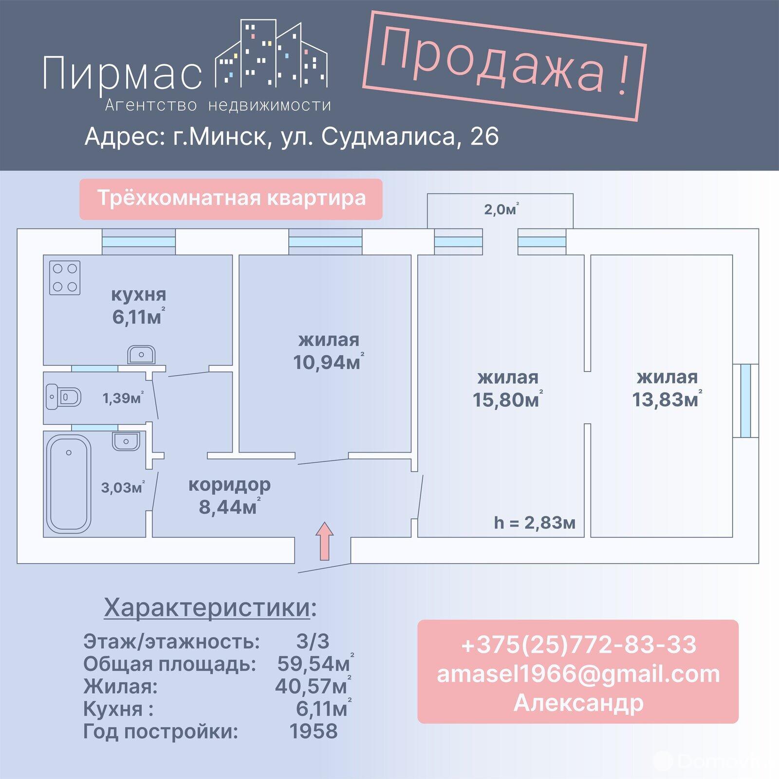 квартира, Минск, ул. Судмалиса, д. 26, стоимость продажи 271 093 р.