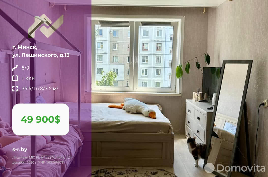 Купить 1-комнатную квартиру в Минске, ул. Лещинского, д. 13, 49900 USD, код: 1032909 - фото 1