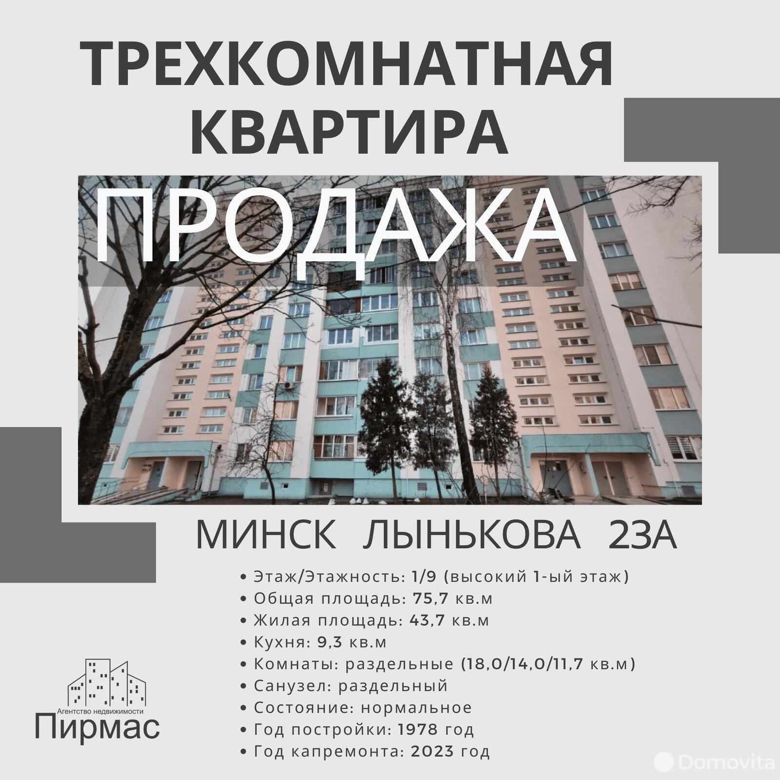 Цена продажи квартиры, Минск, ул. Михася Лынькова, д. 23/А